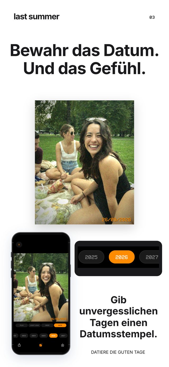 Ein Picknick im Park mit orangem Datumsstempel 26/09/2026 und der Jahresauswahl in Last Summer