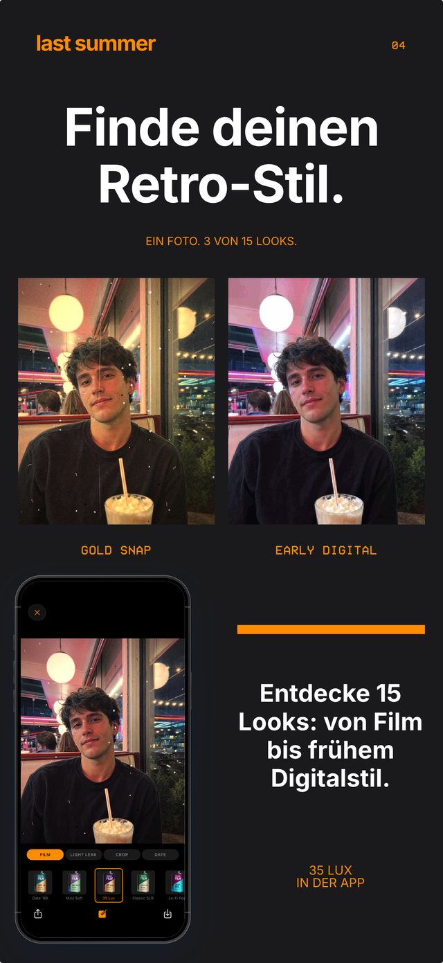 Dasselbe Diner-Porträt mit Gold Snap und Early Digital, in der App ist der Film 35 Lux geöffnet