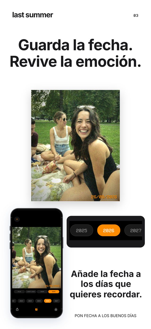 Un pícnic en el parque con la fecha naranja 26/09/2026 y el selector de año de Last Summer