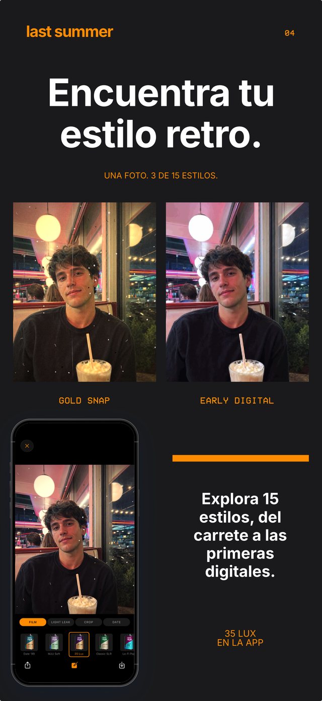 El mismo retrato en un diner con Gold Snap y Early Digital, con el carrete 35 Lux abierto en la app