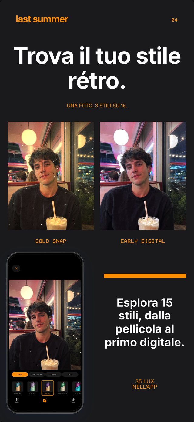 Lo stesso ritratto nel diner con Gold Snap ed Early Digital, con il rullino 35 Lux aperto nell'app