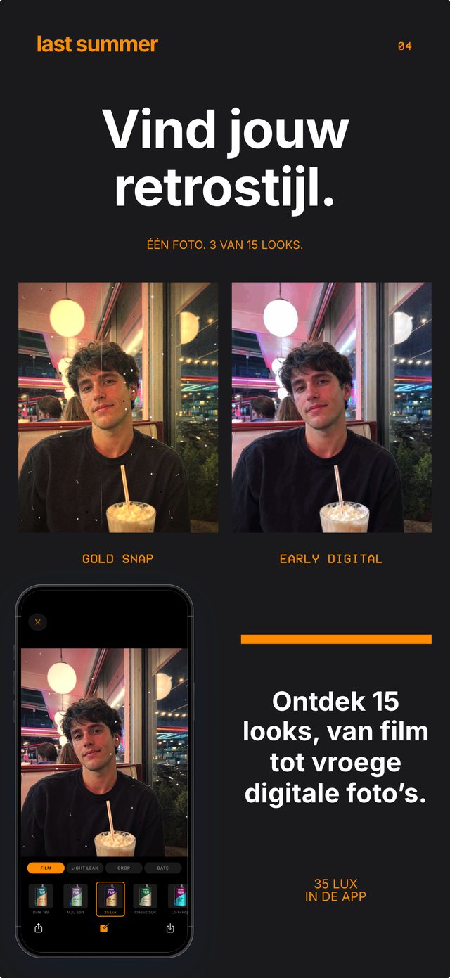 Hetzelfde portret in een diner met Gold Snap en Early Digital, met de filmrol 35 Lux geopend in de app