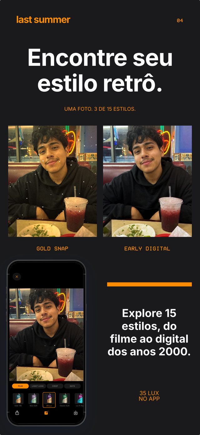 O mesmo retrato na lanchonete com Gold Snap e Early Digital, com o rolo 35 Lux aberto no app