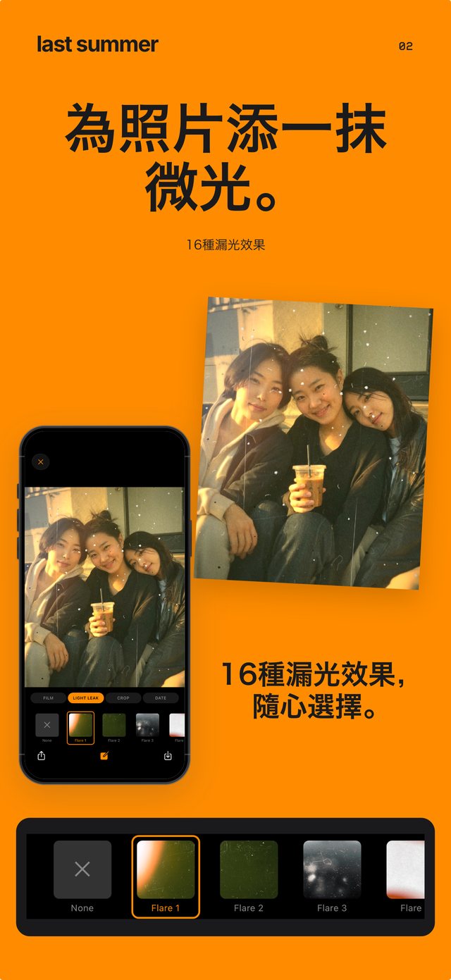 黃金時刻坐在門前階梯上的三個朋友，帶有漏光效果，以及 Last Summer 的漏光選擇器